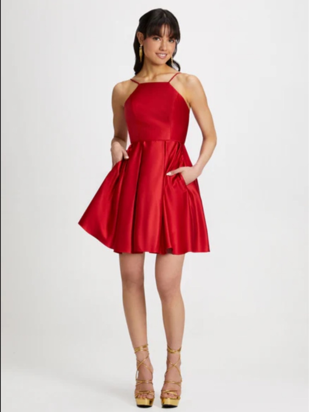 Betsy & Adam Red Satin Square-Neck Cocktail Dress